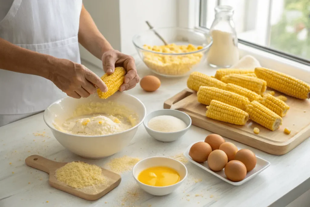 Ingredients and preparation steps for making corn nuggets at home