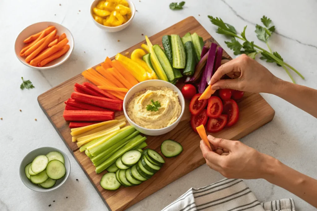 Hands arranging a homemade veggie tray on a wooden board