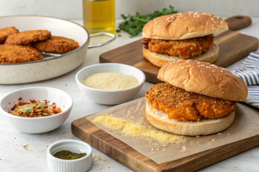 Steps for making a spicy chicken sandwich at home.