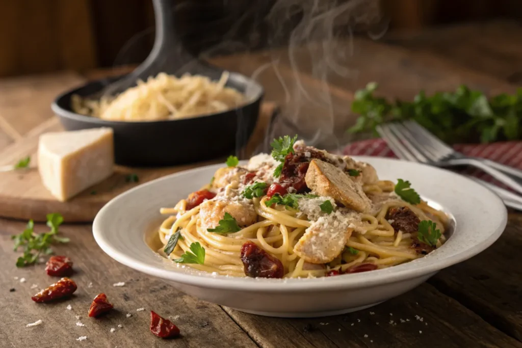 A delicious plate of Marry Me Chicken Pasta on a wooden table.