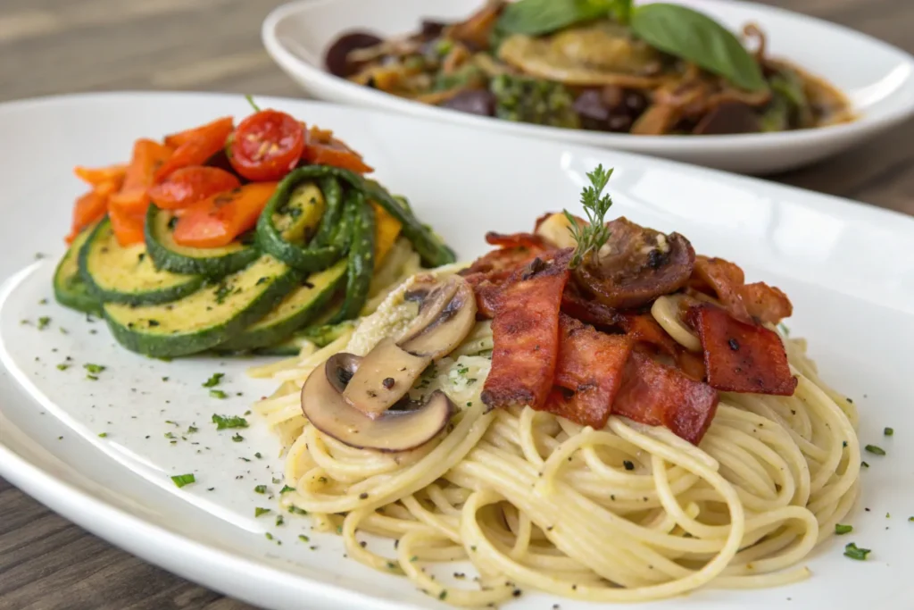 Three creative variations of Marry Me Chicken Pasta with mushrooms, bacon, and vegetables.