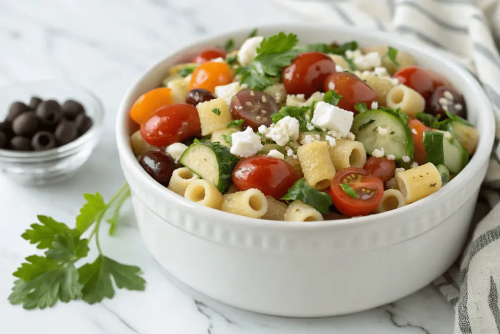 Mediterranean ditalini pasta salad with tomatoes, cucumbers, and feta cheese