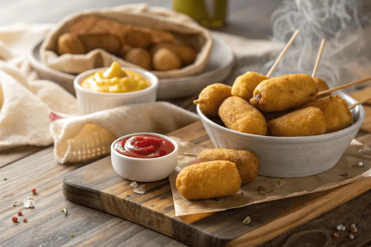 Golden-brown mini corn dogs with dipping sauces on a rustic table