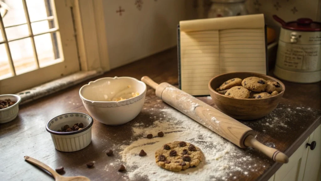 Nestle Toll House cookie dough tub next to freshly baked cookies on a countertop.