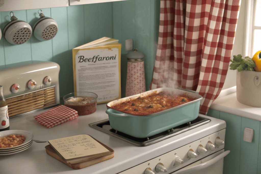 A 1960s retro kitchen scene with a casserole of beefaroni on a stove.