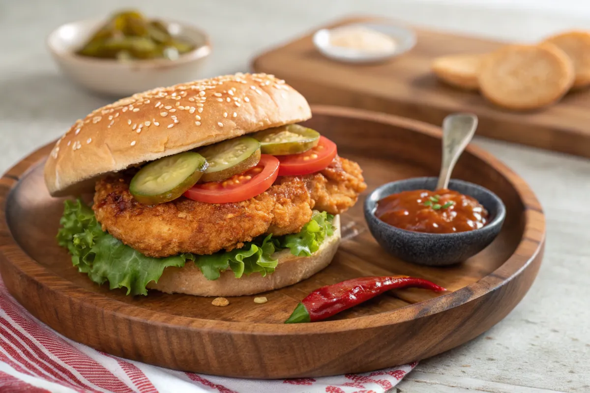 Close-up of a spicy chicken sandwich with fresh toppings.