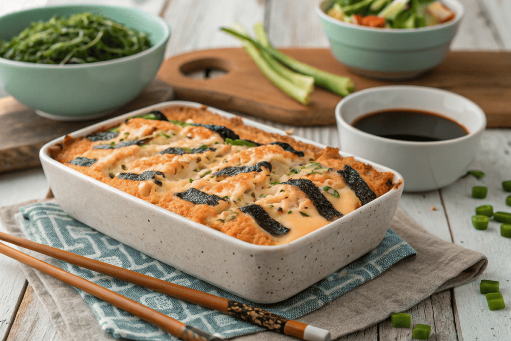 Salmon sushi bake casserole topped with crispy nori and sesame