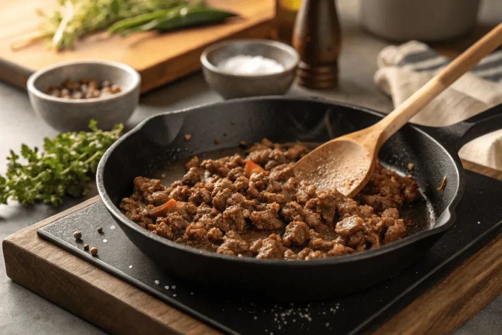 Perfectly browned carne molida being cooked in a cast-iron skillet with seasonings.