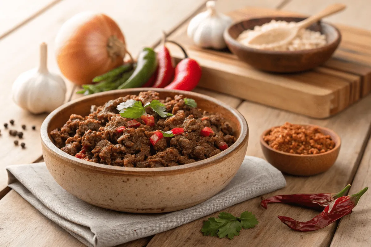 A bowl of seasoned ground beef surrounded by Latin American spices.