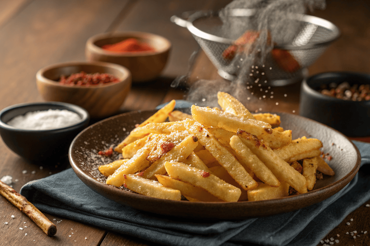 When should you season French fries? with salt and paprika on a wooden table