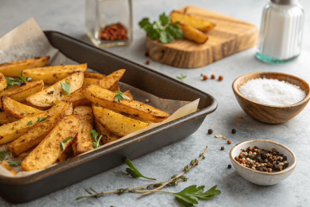 Roasted potato wedges with French fry seasoning.