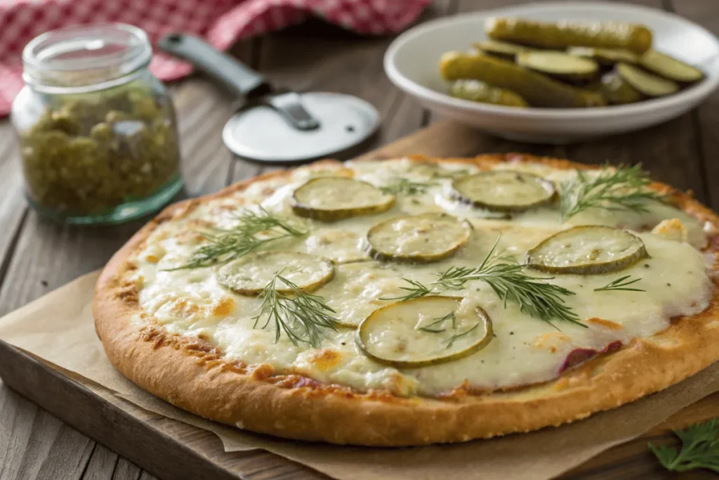 A close-up of a pickle pie pizza with a golden crust and fresh dill