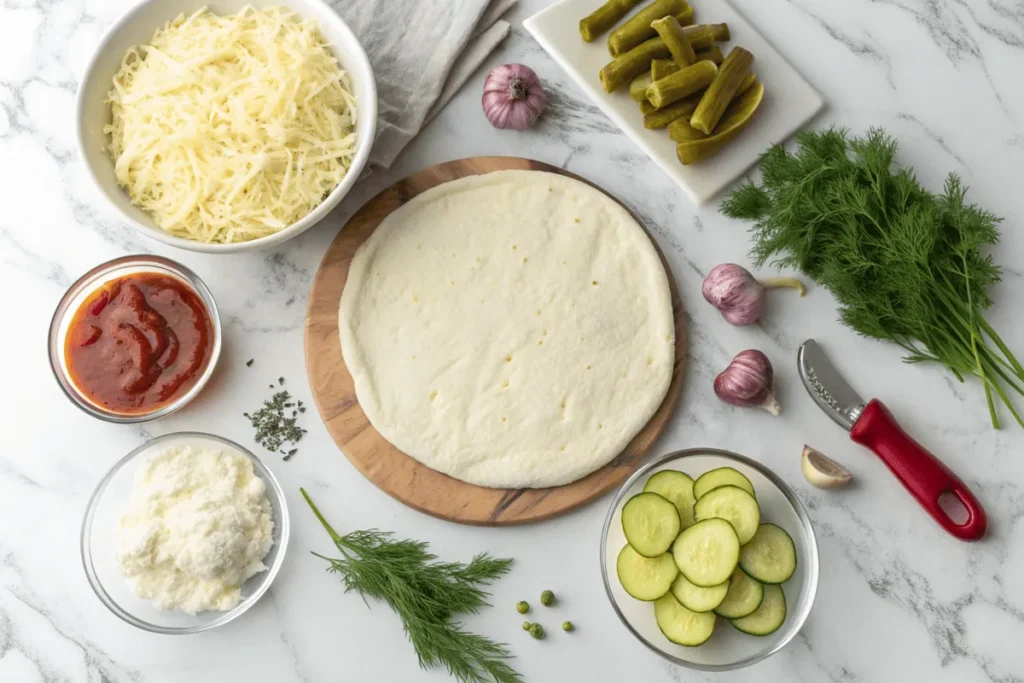 Ingredients for making pickle pizza, including dough, cheese, and pickles.