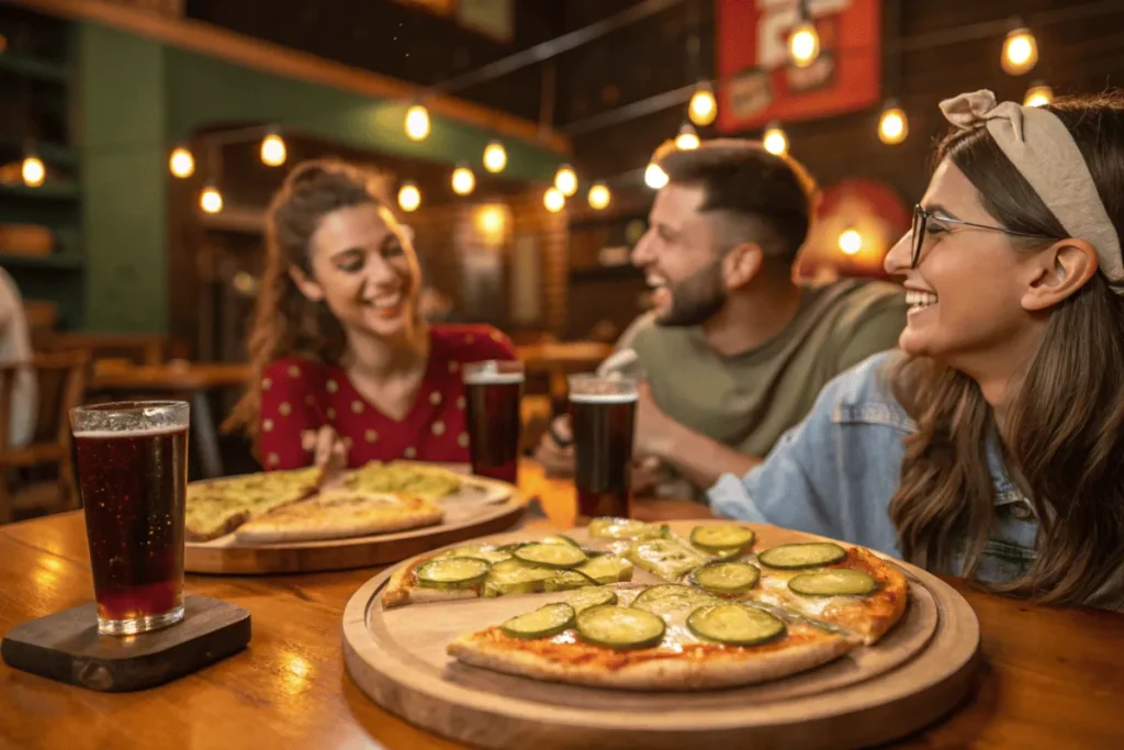 Friends eating pickle pizza in a lively café setting.