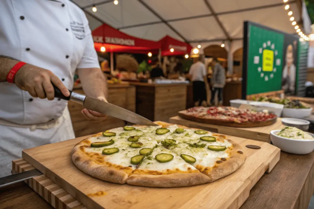 Chef slicing a tangy pickle pizza in a lively food festival setting.