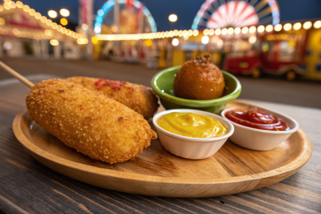 Pluto Pup and corn dog side by side with dipping sauces