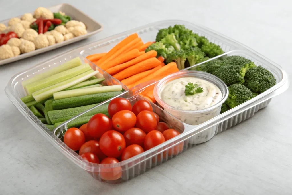 A pre-made veggie tray in a plastic container with fresh vegetables.