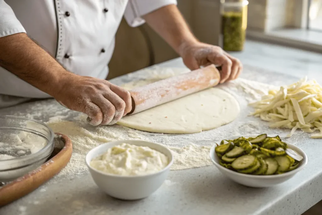 A chef preparing pizza dough with pickle and sauce ingredients nearby.