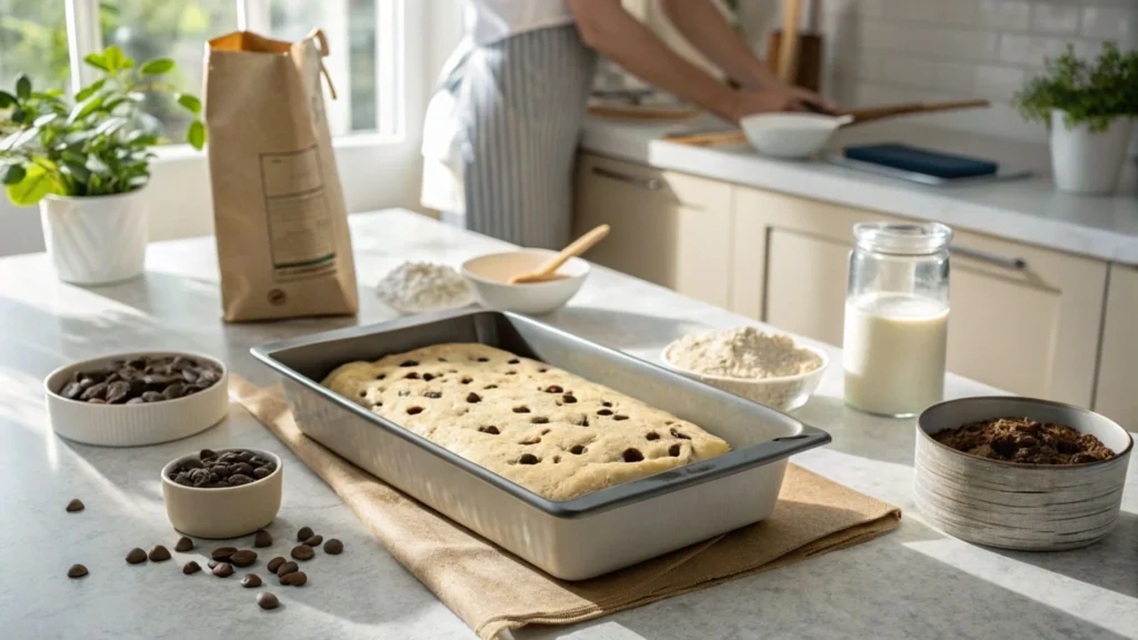 Spreading Toll House dough in a baking pan with chocolate chips.