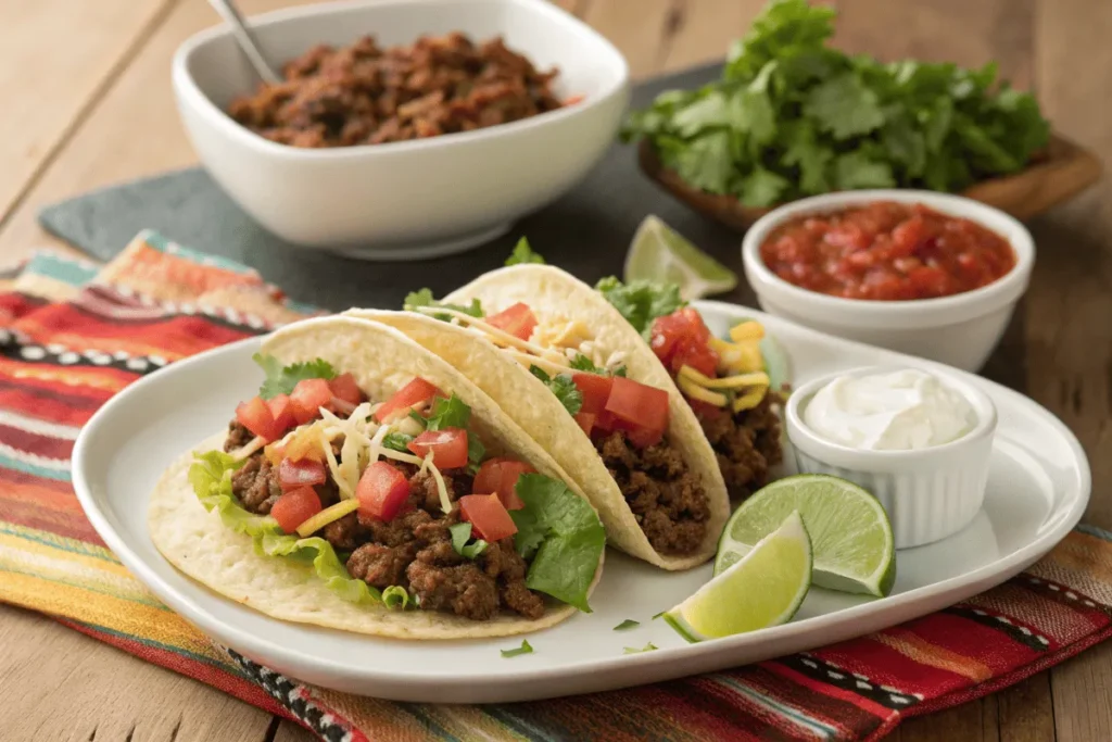 Quick carne molida tacos with lettuce, tomatoes, cheese, and sour cream on a plate with lime wedges.