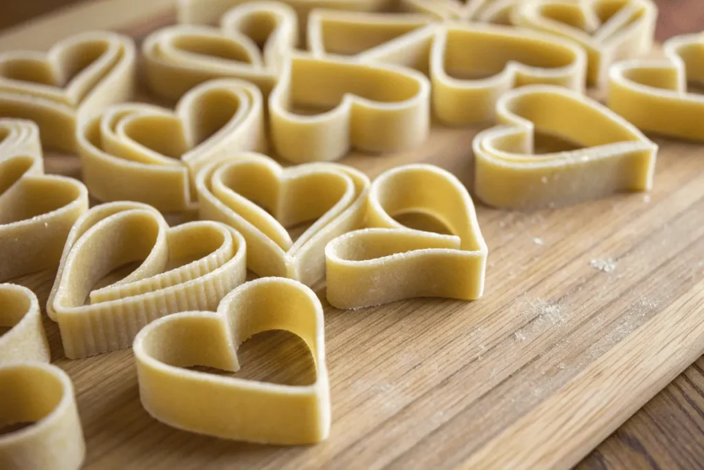 Close-up of raw Barilla heart-shaped pasta on a wooden surface