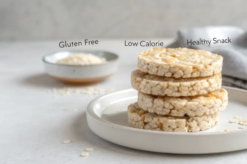 Close-up of rice crackers on a white plate with text highlighting their gluten-free and low-calorie benefits.