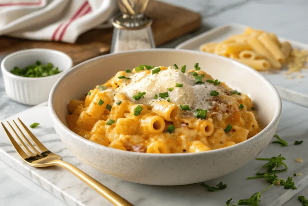 Cheesy ditalini pasta bowl with Parmesan and fresh chives.