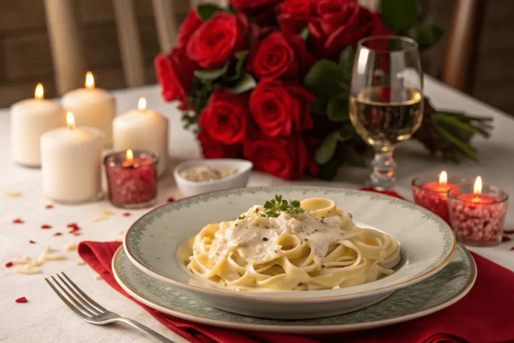 Romantic dinner with Barilla heart-shaped pasta and Alfredo sauce