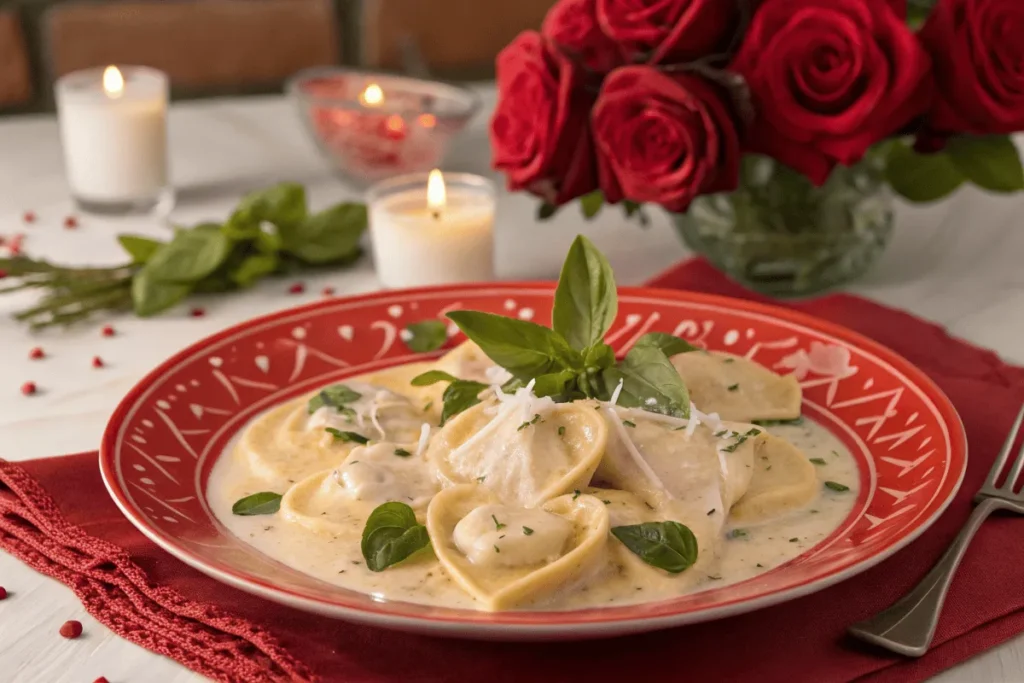 A plate of heart-shaped pasta in Alfredo sauce with basil garnish on a romantic dinner table.