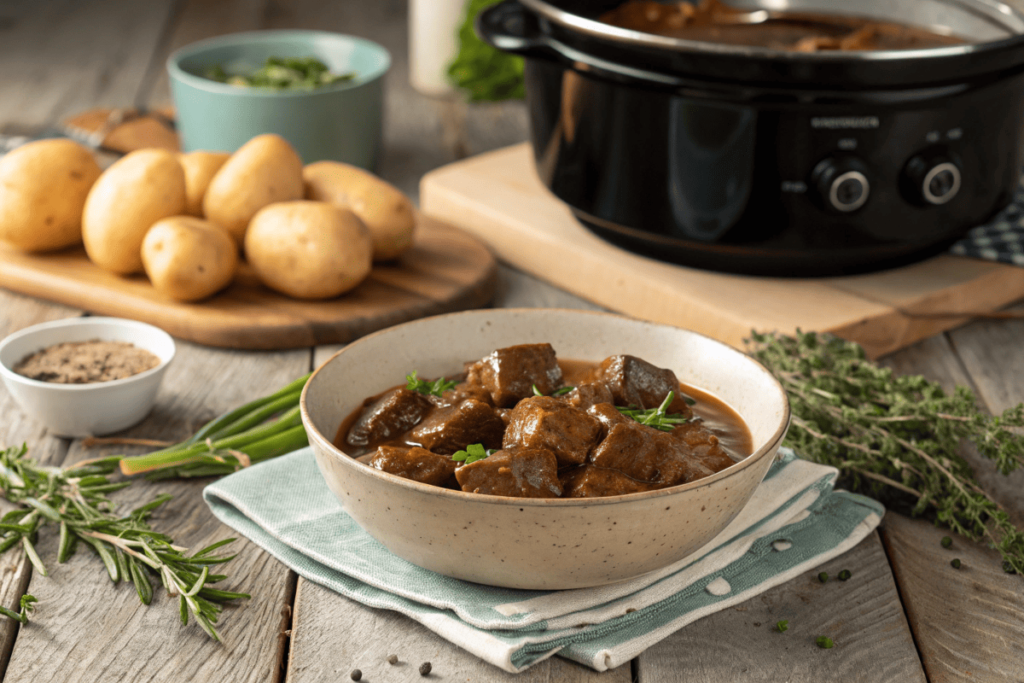 Tender cube steak with gravy in a rustic kitchen setup.Cube steak in a crock pot