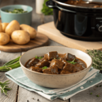 Tender cube steak with gravy in a rustic kitchen setup.Cube steak in a crock pot