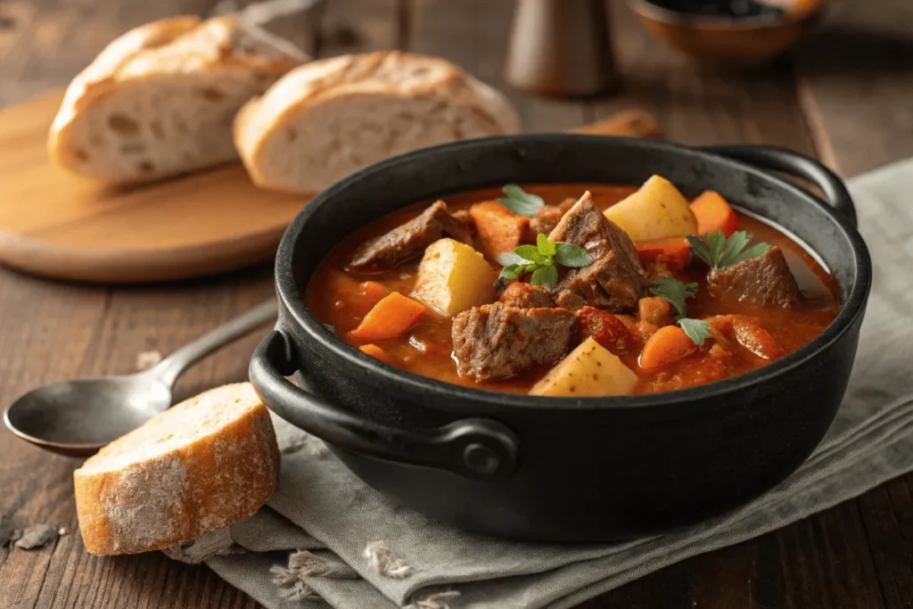 Hungarian goulash in a rustic pot with chunks of beef, potatoes, and carrots in a paprika broth.