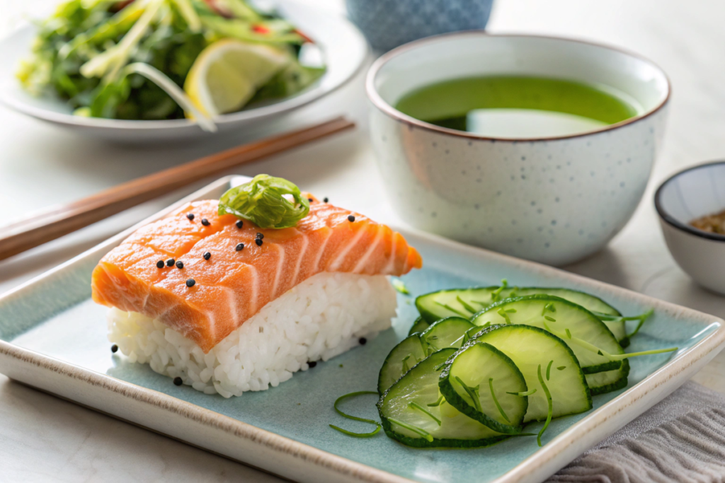 Salmon sushi bake with cucumber salad and green tea