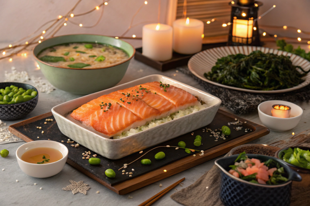 A dinner table featuring salmon sushi bake with traditional Japanese sides.