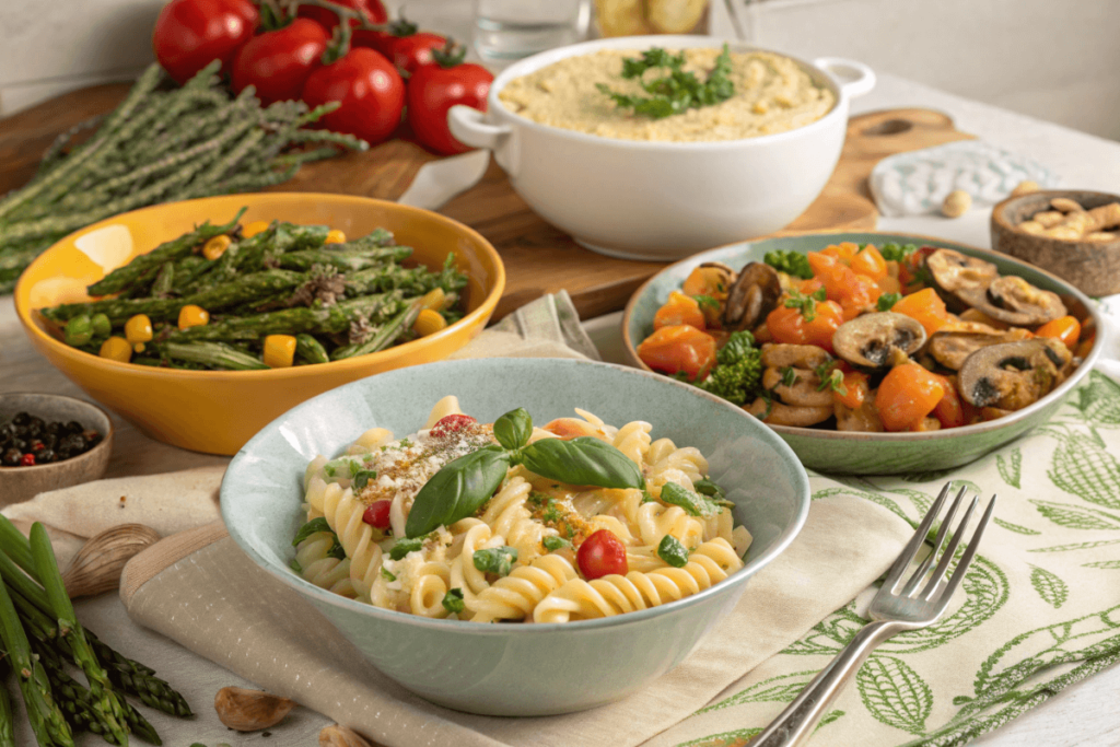 Seasonal corkscrew pasta dishes featuring spring, summer, fall, and winter ingredients