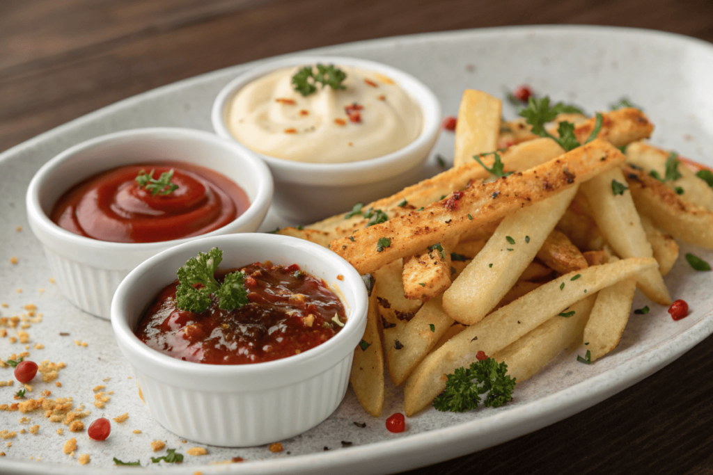 A plate of seasoned french fries served with ketchup, garlic aioli, and spicy mayo.