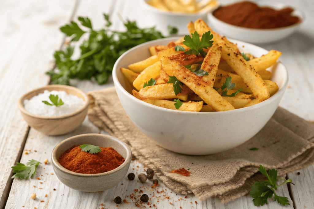 Crispy French fries seasoned with a vibrant spice mix. Which powder is used for French fries?