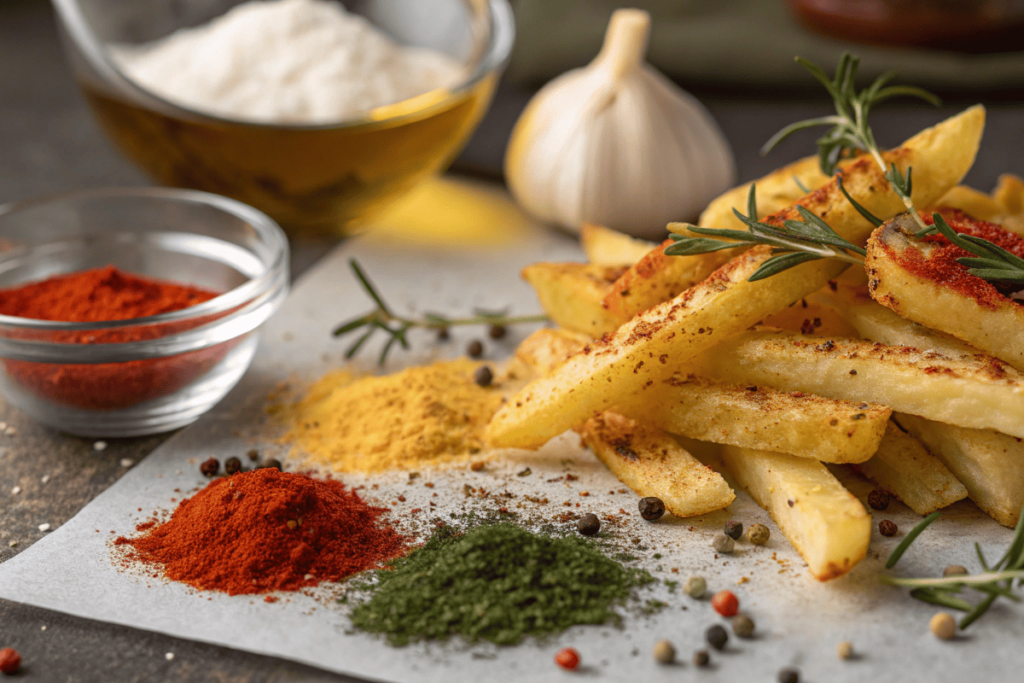 Tossing hot French fries with seasoning in a metal bowl