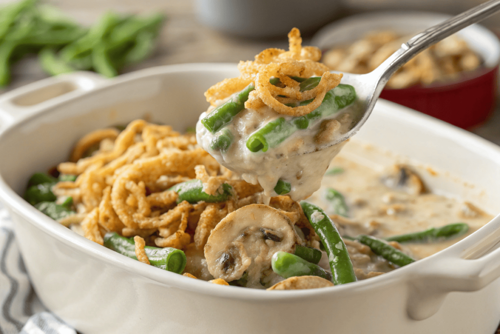 Close-up of a spoon scooping green bean casserole.