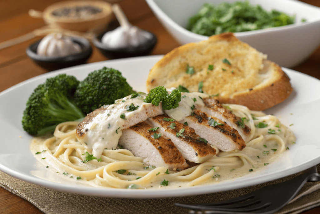 Plated garlic parmesan chicken pasta with roasted broccoli and garlic bread.