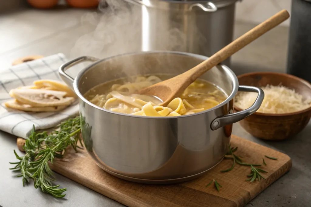 Pasta simmering in a pot of chicken stock with fresh herbs nearby