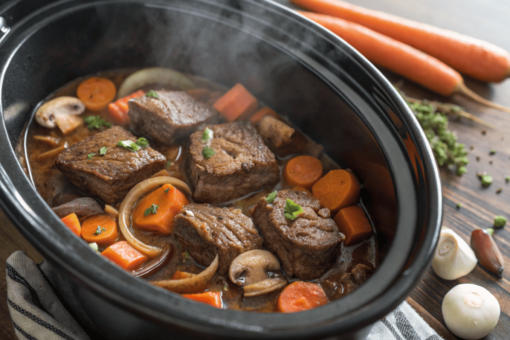 Cube steak cooking in a crock pot with vegetables and steam rising.