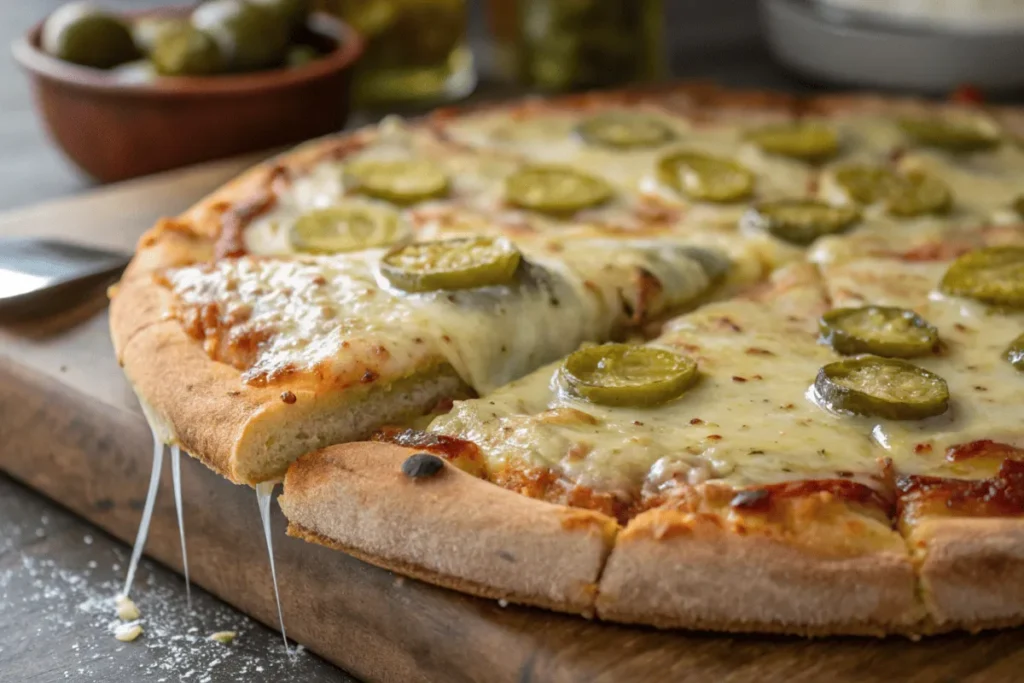 A close-up of a soggy pickle pizza crust, showing common baking challenges.