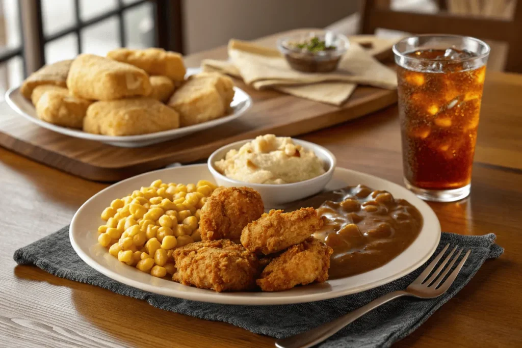 A full Southern comfort meal with corn nuggets, fried chicken, mashed potatoes, and sweet tea.