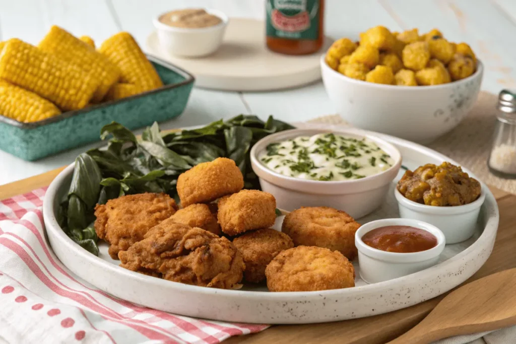 Corn nuggets and hush puppies served with fried chicken, collard greens, and dipping sauces