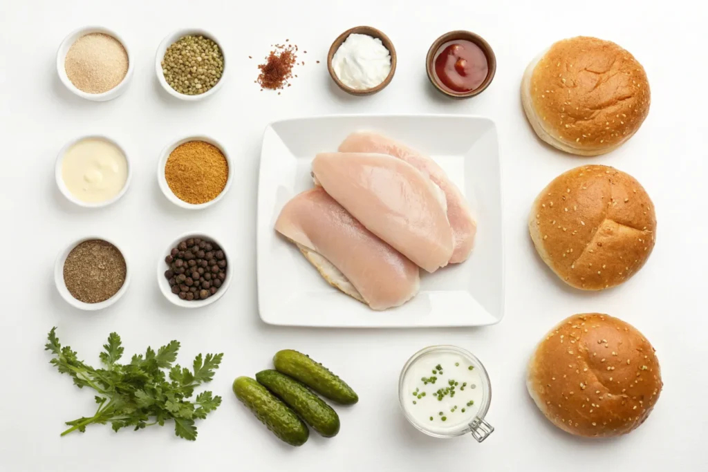 Ingredients for a spicy chicken sandwich displayed on a wooden table.