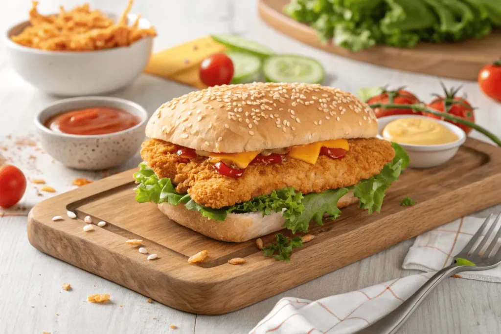 Spicy Deluxe Crispy Chicken Sandwich with crispy chicken, lettuce, tomato, and cheese on a sesame seed bun.