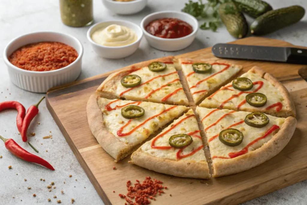 A spicy pickle pie pizza with jalapeño slices and sriracha drizzle.