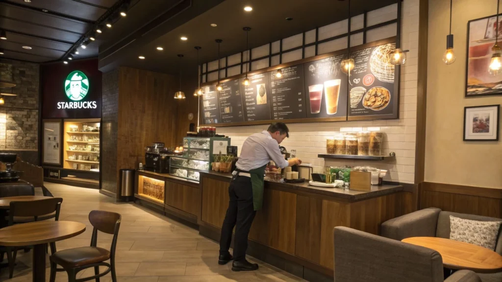 A Starbucks café showcasing low-calorie drink options.