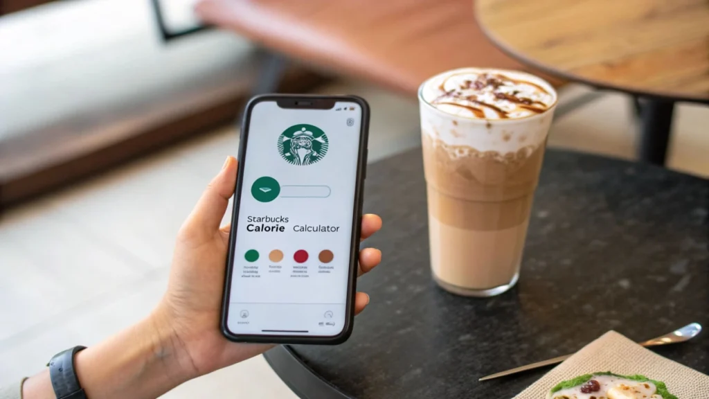 Hand holding a smartphone with Starbucks calorie calculator app interface